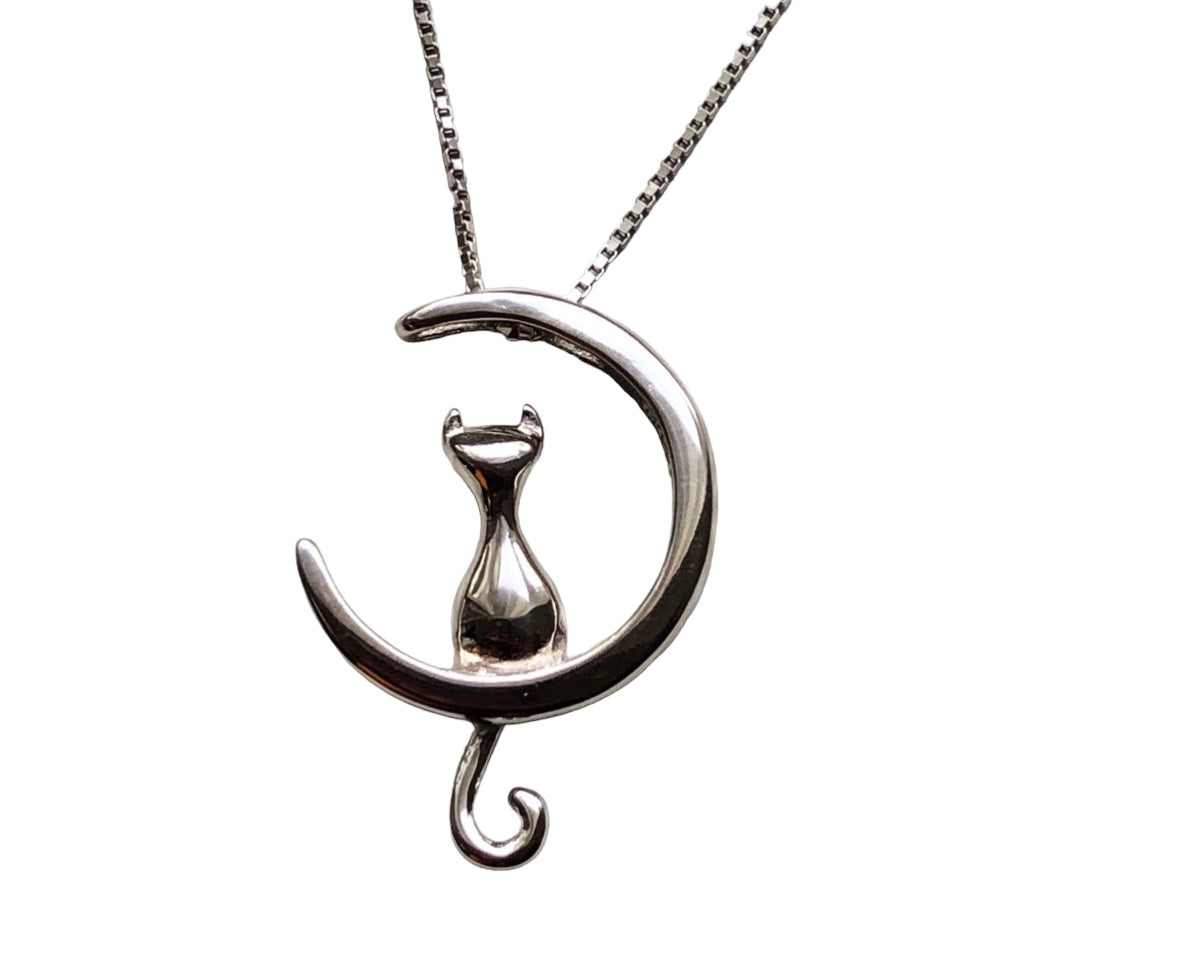 Cat On Crescent Moon Pendant Necklace