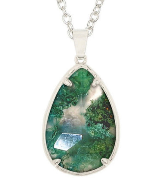 Moss Agate Pear Cut Pendant Necklace